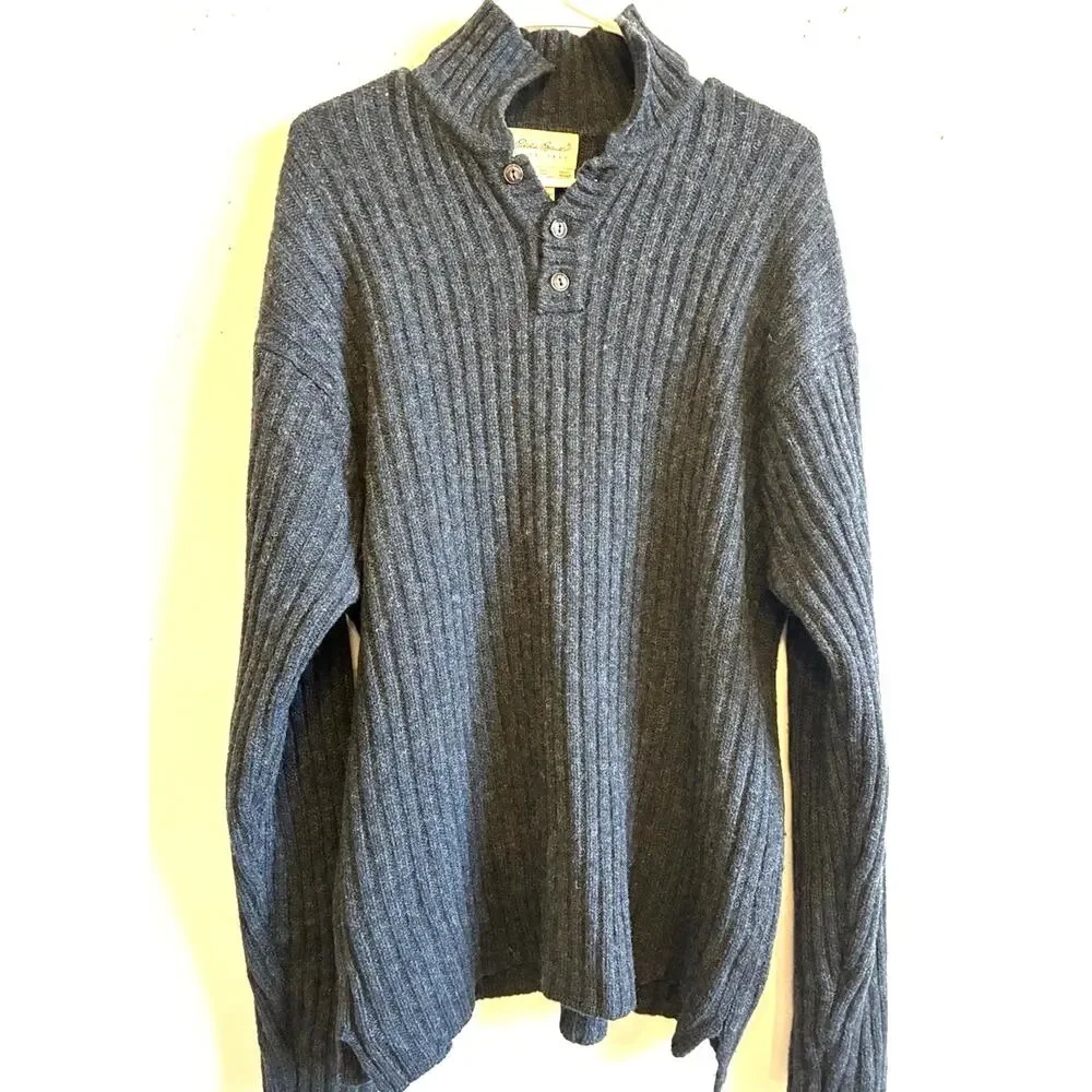 VTG 90s Eddie Bauer Henley Wool Sweater Fisherman Collared Ribbed Chunky Mens M